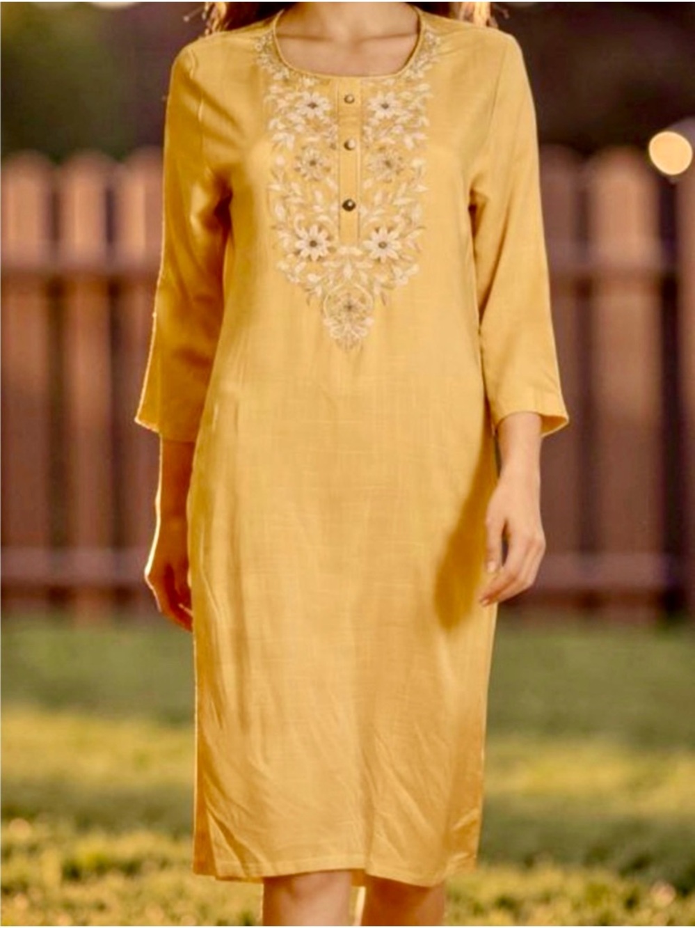 Zudio Mustard Embroidered Kurta Style Tunic Dress Boho India Viscose Size L